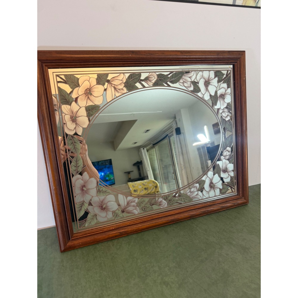 Vintage Magee Group Floral Etched Mirror Wood Frame Magnolia 97W-052 22x18